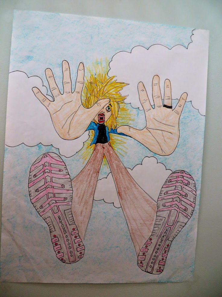 Cartoon person falling from the sky with dramatic expression, surrounded by clouds. Hands and sneakers are prominently shown in the foreground.