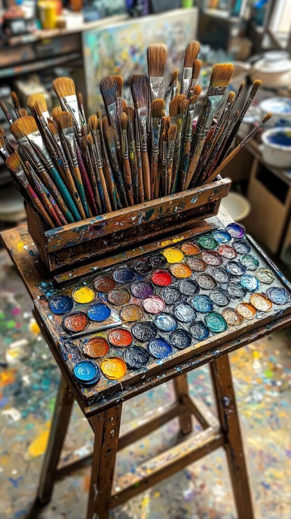 A vibrant artist's workspace with a variety of paintbrushes and colorful paint palette on a splattered wooden easel. Ideal for creative projects.