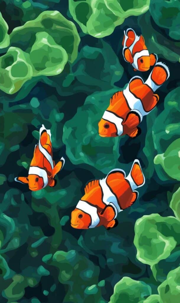 Colorful clownfish swimming among green ocean corals, showcasing vibrant marine life.