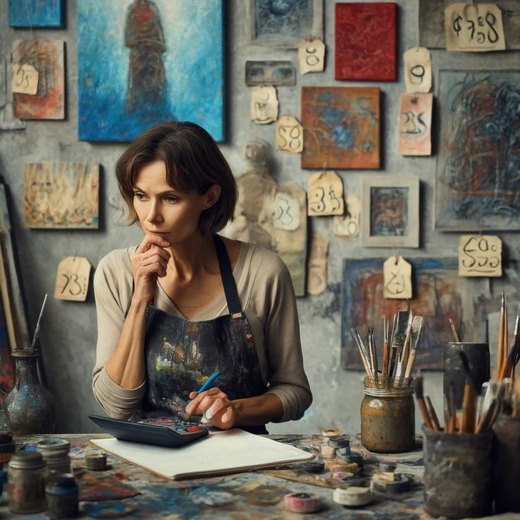 Artist deep in thought, surrounded by colorful paintings and art supplies in a creative studio space.