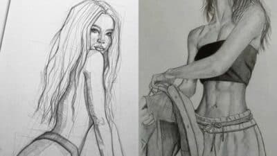 Side-by-side pencil sketches of two women, featuring detailed line work on hair, clothing, and toned physique. Artistic sketch art.