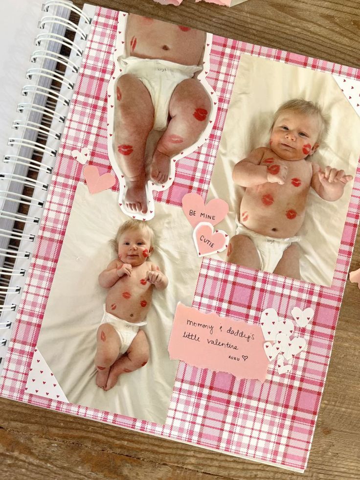 Baby in diaper with kiss marks, surrounded by hearts and notes on pink plaid background, titled Mommy & Daddy's Little Valentine.