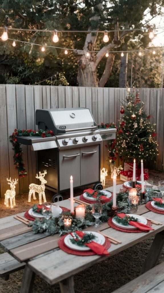 Outdoor holiday dining setup with decorated table, Christmas lights, and a grill, creating a festive backyard atmosphere.