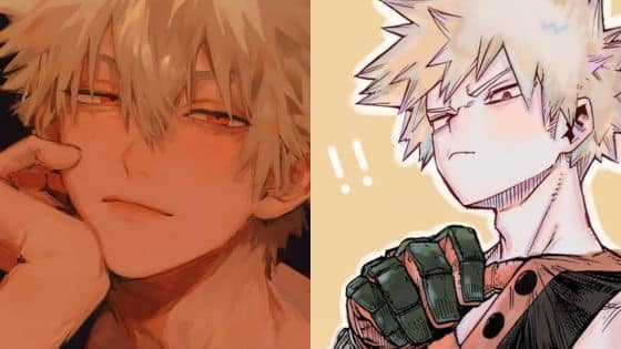 Bakugo Fanart A Celebration of My Hero Academias Explosive Hero Anime character with blonde spiky hair appears confident with smirking and determined expressions in two panels. | Sky Rye Design Anime character with blonde spiky hair appears confident with smirking and determined expressions in two panels.