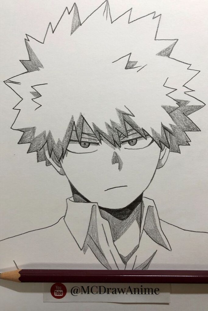 Pencil drawing of anime character with spiky hair, serious expression, created by @MCDrawAnime, with pencil shown below.