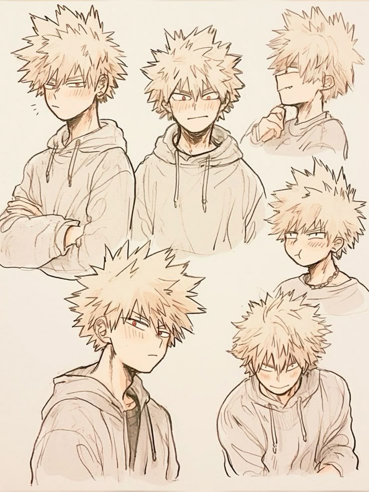 Anime character with spiky hair in various expressions and poses, wearing a hoodie. Sketch style art.