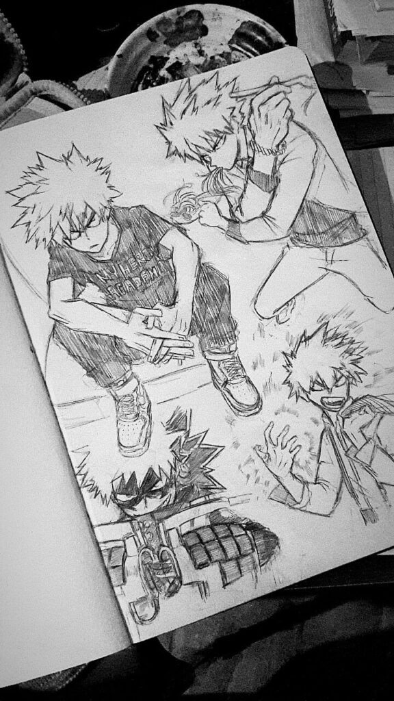 Pencil sketches of anime character in various action poses, featuring dynamic linework and expression, manga art style on sketchbook.