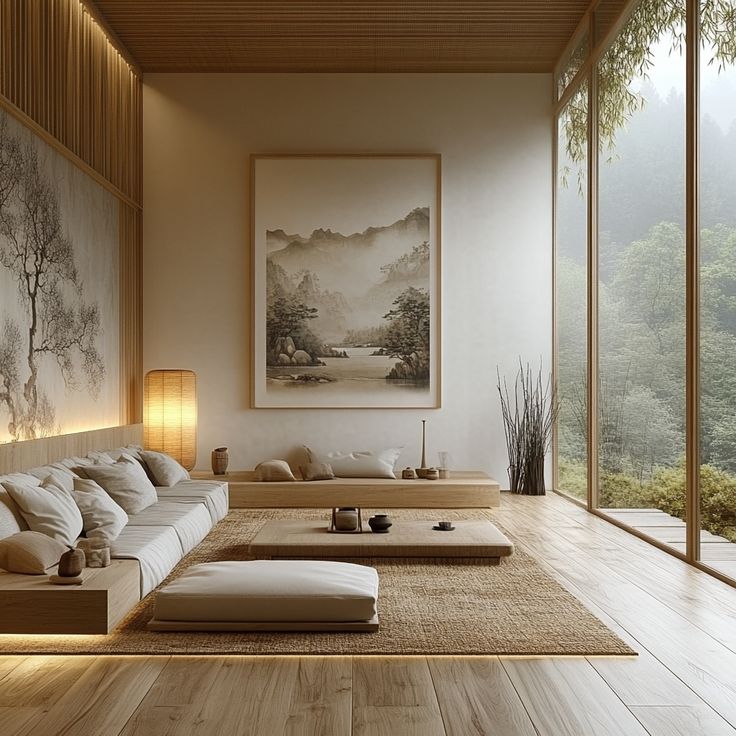 Minimalist Japanese-inspired living room with serene decor, large art piece, soft lighting, and floor-to-ceiling windows offering a nature view.