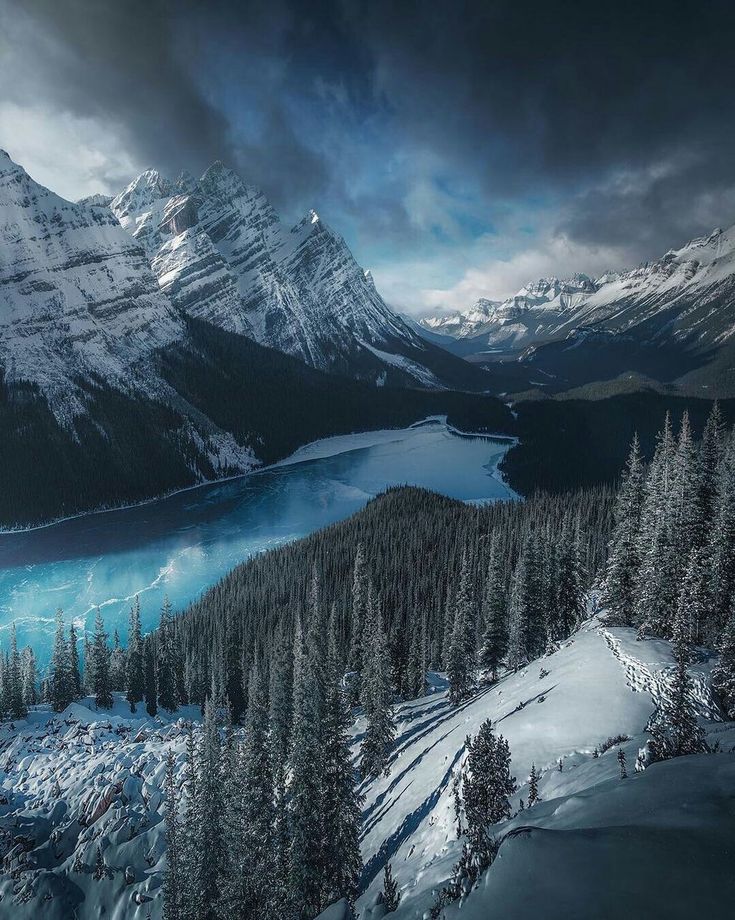 Snowy mountain landscape with frozen lake and fir trees under a moody sky. Scenic winter view.