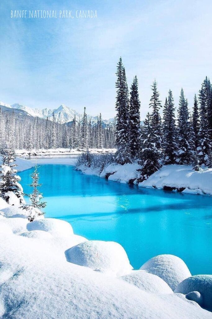 Snowy landscape with turquoise river and pine trees in Banff National Park, Canada, under clear blue sky.