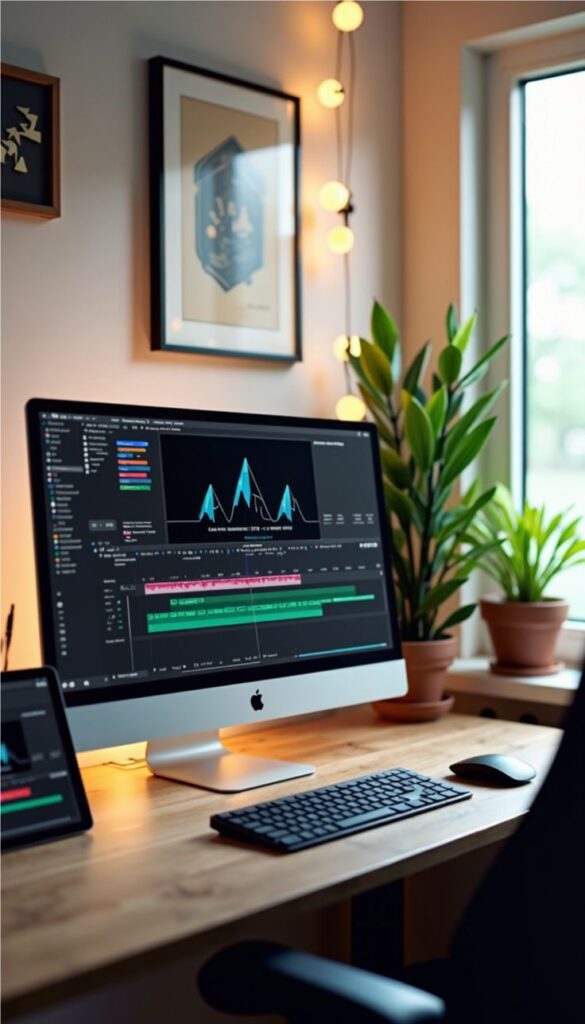 Batch Processing Made Easy with These Video Editors Modern workspace with computer showing analytics software, surrounded by plants and soft lighting. | Sky Rye Design Modern workspace with computer showing analytics software, surrounded by plants and soft lighting.