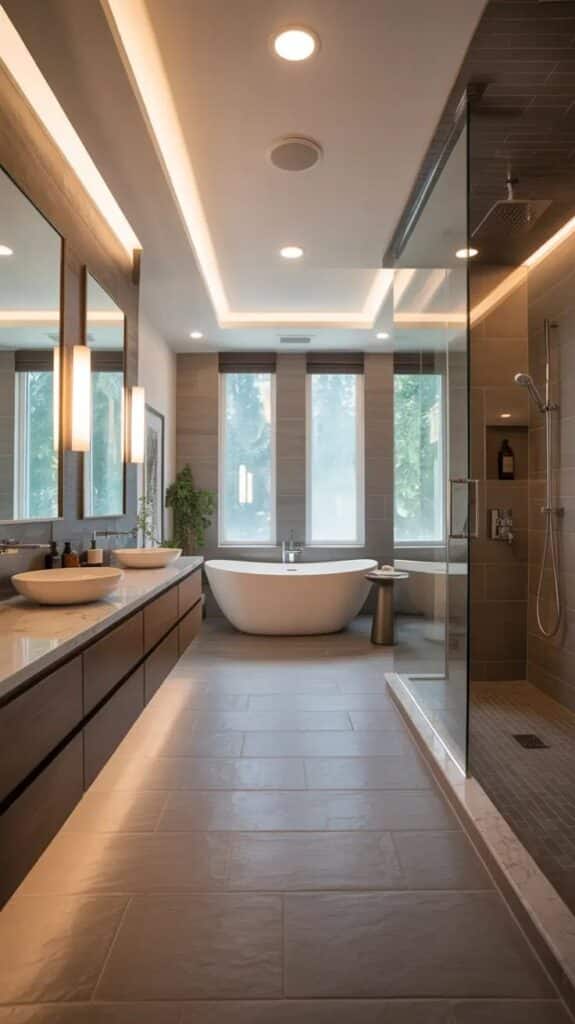 Bathroom Remodel Ideas 2026_ Full Bathroom Renovations For A Complete Refresh Luxurious modern bathroom with freestanding bathtub, spacious vanity, large mirrors, and glass shower enclosure. Natural light and elegance. | Sky Rye Design Luxurious modern bathroom with freestanding bathtub, spacious vanity, large mirrors, and glass shower enclosure. Natural light and elegance.