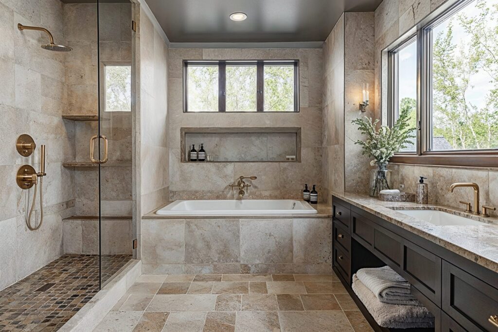 Bathroom-renovation-ideas-by-Decorilla-scaled Luxury modern bathroom with marble tiles, a spacious shower, soaking tub, and elegant vanity under large windows. | Sky Rye Design Luxury modern bathroom with marble tiles, a spacious shower, soaking tub, and elegant vanity under large windows.