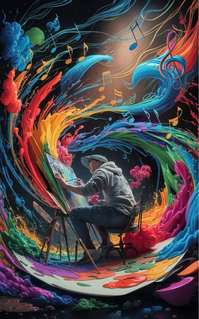 Artist painting a vibrant canvas surrounded by swirling, colorful music notes and splashes, symbolizing creativity and inspiration.