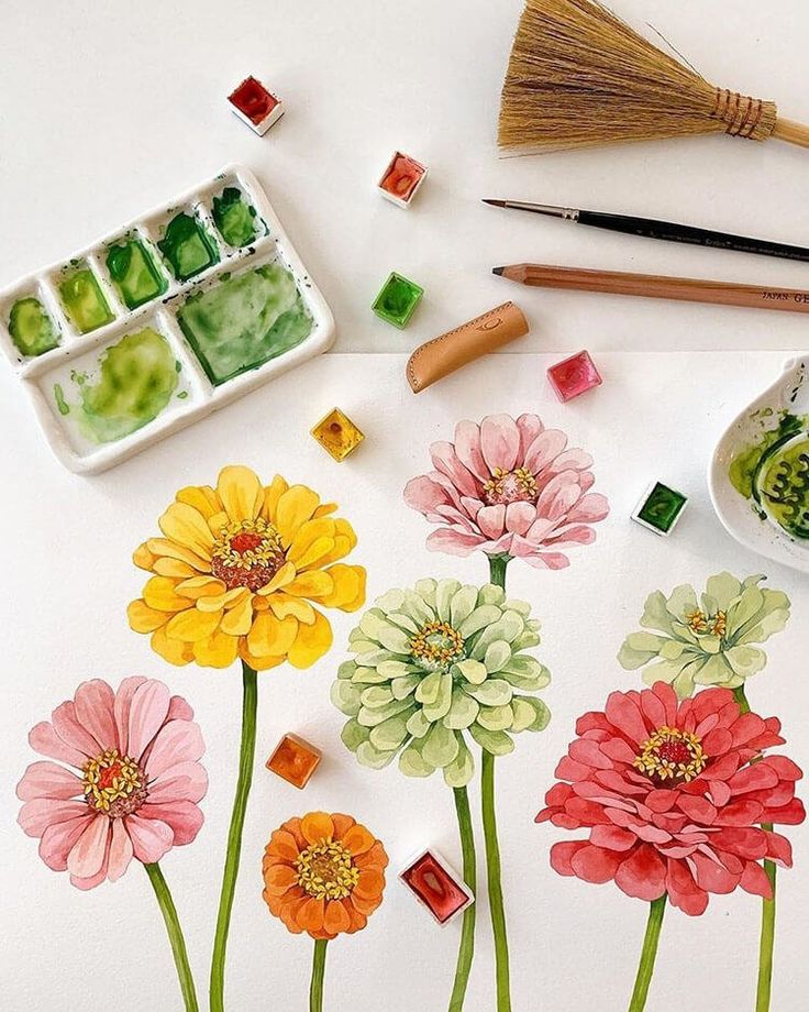 Beautiful Watercolor Painting References - Beautiful Dawn Designs Watercolor painting of colorful flowers with paint palette, brushes, and pencils. Art supplies and flowers arranged on a white background. | Sky Rye Design Watercolor painting of colorful flowers with paint palette, brushes, and pencils. Art supplies and flowers arranged on a white background.