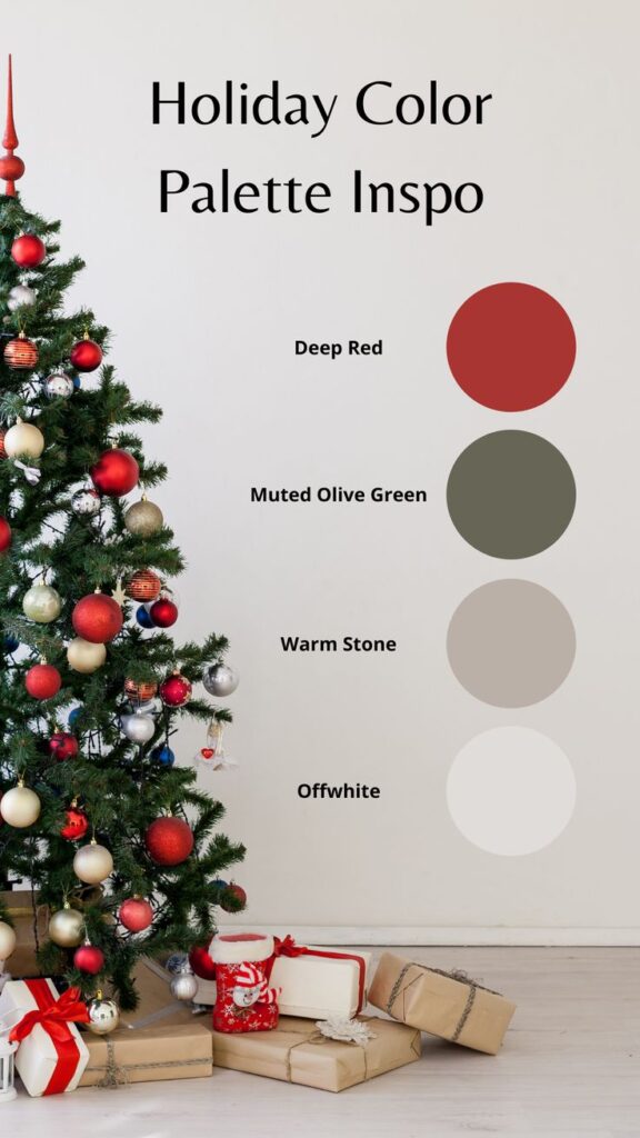 Christmas tree with red, gold ornaments and gifts, showcasing holiday color palette: deep red, olive green, warm stone, and offwhite.
