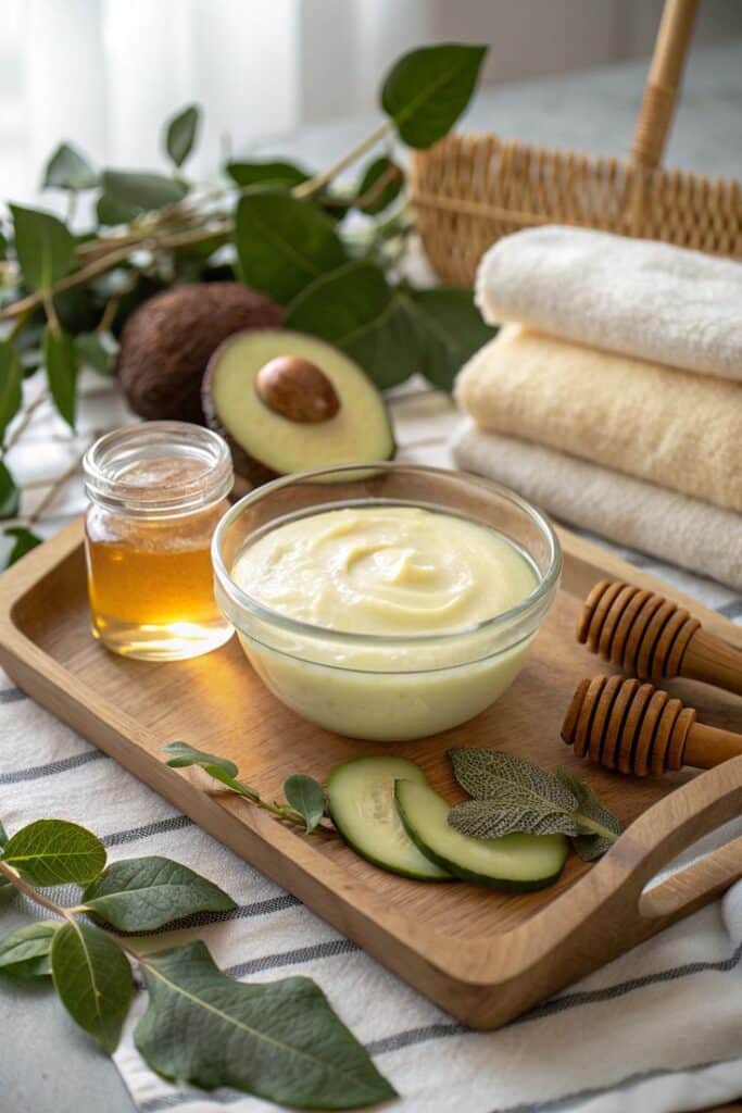 Natural avocado face mask with honey on a wooden tray, surrounded by fresh leaves and towels, promoting skincare and relaxation.