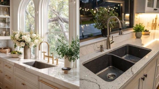 Best Sink Styles for Kitchen Remodel Elegant kitchen sinks with marble countertops and floral decor, showcasing modern design and natural lighting for a stylish culinary space. | Sky Rye Design Elegant kitchen sinks with marble countertops and floral decor, showcasing modern design and natural lighting for a stylish culinary space.