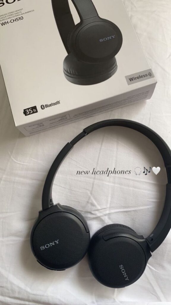 Sony WH-CH510 wireless headphones and packaging on a white surface, showcasing Bluetooth capability and 35-hour battery life.