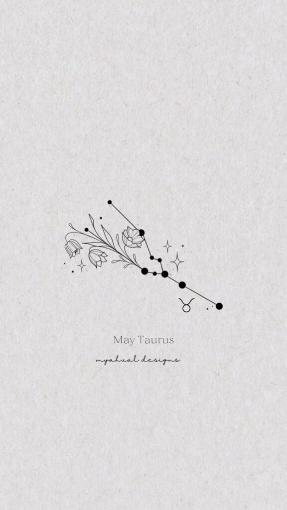 Minimalist Taurus constellation illustration with floral accents, labeled May Taurus by Myahval Designs, on a textured background.