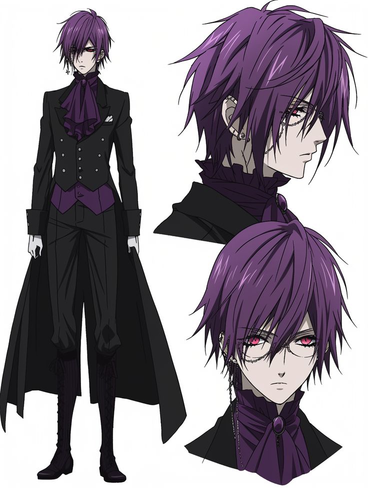 Black butler oc Anime character with purple hair and dark Victorian attire, featuring various angles and expressions, showcasing a mysterious gothic style. | Sky Rye Design Anime character with purple hair and dark Victorian attire, featuring various angles and expressions, showcasing a mysterious gothic style.