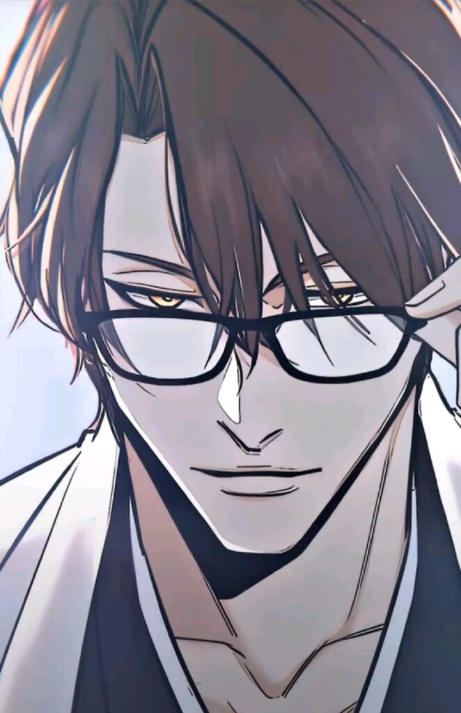 Blich Anime character with brown hair adjusting glasses, exuding a confident expression. | Sky Rye Design Anime character with brown hair adjusting glasses, exuding a confident expression.