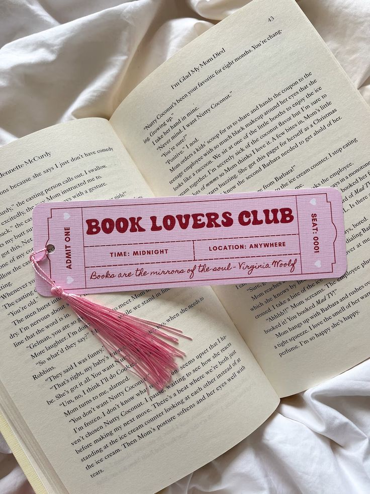 Book Lovers Club Bookmark _ Feminist Bookmark _ Bookmark Ticket _ Cute Bookmark _ Gift for Book Lover _ Book Club _ Female Book Club - Etsy Pink Book Lovers Club bookmark with quote by Virginia Woolf lies on an open novel, perfect for readers. | Sky Rye Design Pink Book Lovers Club bookmark with quote by Virginia Woolf lies on an open novel, perfect for readers.