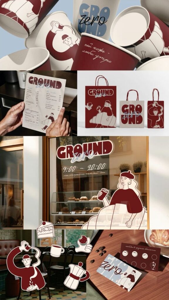Cafe branding items including takeaway cups, menu, posters, and window design with illustrations of people enjoying coffee at Ground Zero.