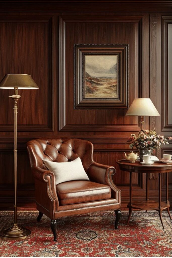 Luxurious library setting with a leather armchair, vintage lamp, framed art, wooden paneling, and a side table with flowers and tea set.