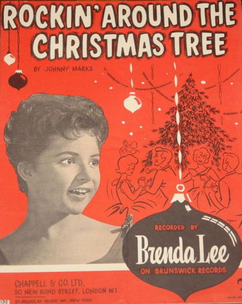 Brenda Lee - Rockin Around The Christmas Tree 1958 Vintage Christmas sheet music cover with a singer, festive decor, and Rockin' Around the Christmas Tree. | Sky Rye Design Vintage Christmas sheet music cover with a singer, festive decor, and Rockin' Around the Christmas Tree.