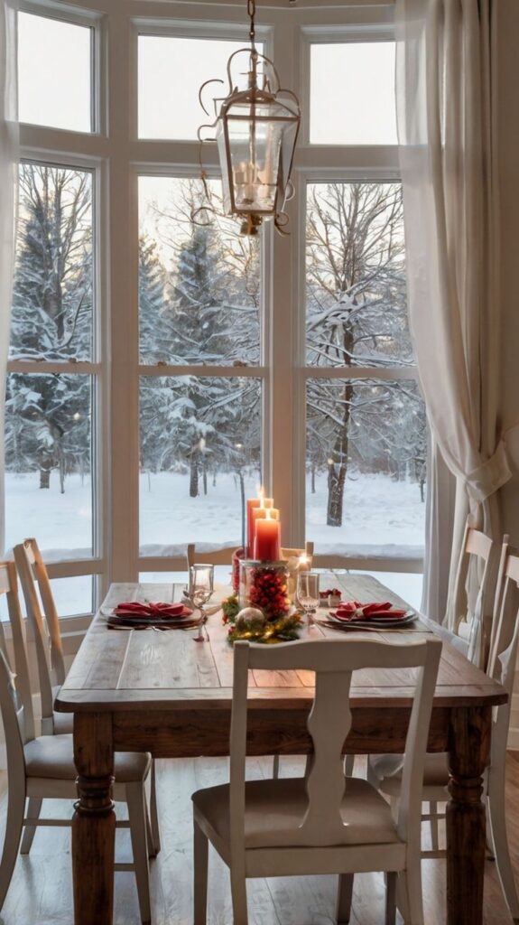 Bright and Airy Christmas Dining Room with Festive Elegance Cozy dining room with festive table setting, candles, and snowy winter view through large windows. | Sky Rye Design Cozy dining room with festive table setting, candles, and snowy winter view through large windows.