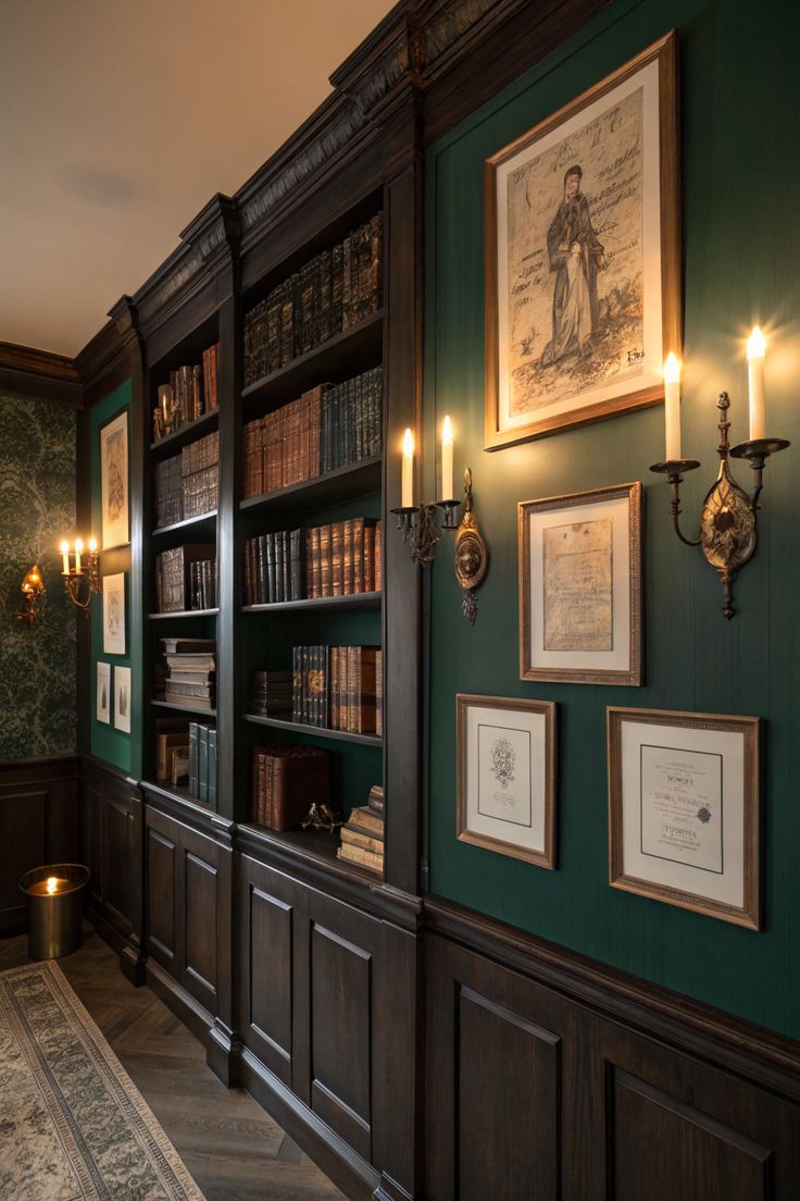 Elegant library with dark wood shelves, vintage books, and framed art on green walls, illuminated by ornate wall sconces.