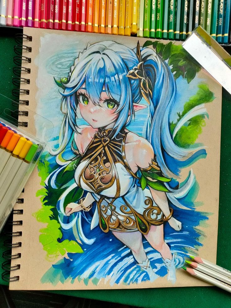 Anime-style elf drawing with blue hair surrounded by colored pencils on sketchbook.