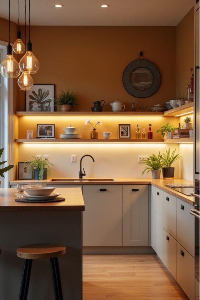 Modern kitchen with warm lighting, wooden shelves, plants, and decorative items. Sleek design with neutral tones and cozy atmosphere.