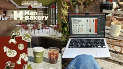 Cozy Han Bakery interior with menu, takeaway coffee, and laptop setup outdoors, combining digital work with a cafe experience.