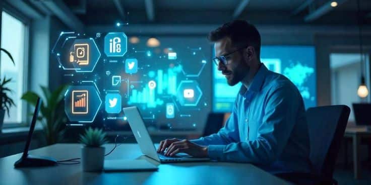 Man working on laptop surrounded by digital marketing icons, data charts, and analytics in a modern office setting.