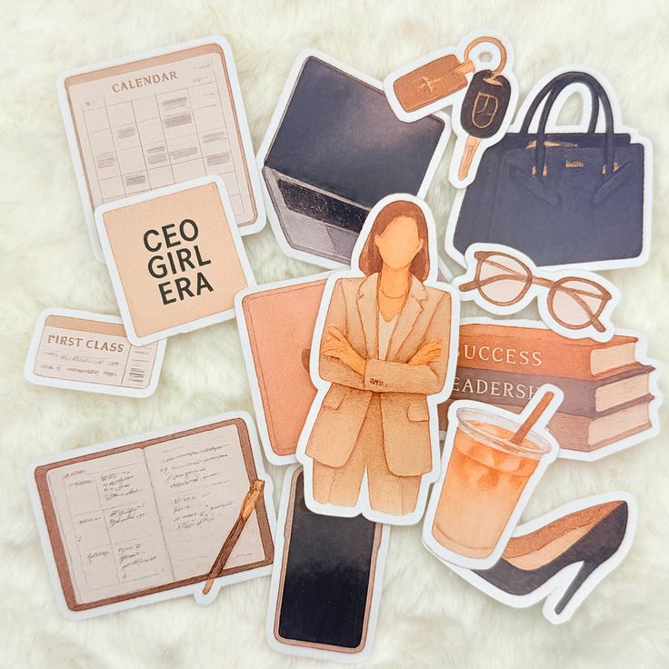 CEO Girl Era Sticker Pack_ Glossy Watercolor Planner Stickers Stickers of business items and motivation symbols: CEO, planner, laptop, books on success, handbag, glasses, and high heels on fuzzy surface. | Sky Rye Design Stickers of business items and motivation symbols: CEO, planner, laptop, books on success, handbag, glasses, and high heels on fuzzy surface.