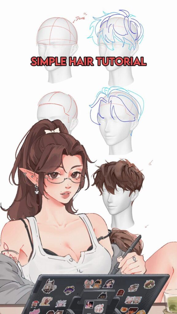 Illustrated hair tutorial with step-by-step guides and an artist at a digital tablet.