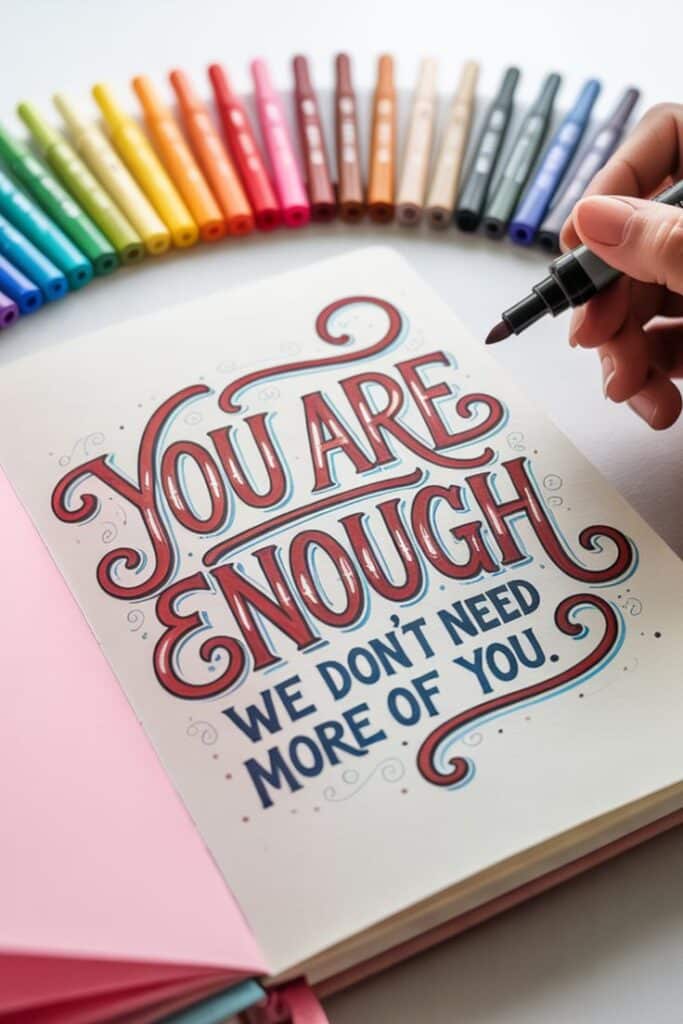 Calligraphy Hand lettering art with message You are enough surrounded by colorful markers in a notebook. | Sky Rye Design Hand lettering art with message You are enough surrounded by colorful markers in a notebook.