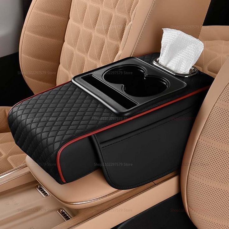 Luxury car seat organizer with cup holder and tissue dispenser in black and red for enhanced interior functionality.