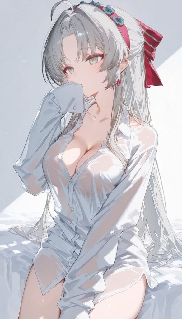 Anime girl with long hair and a red headband, wearing an open white shirt, sitting thoughtfully.