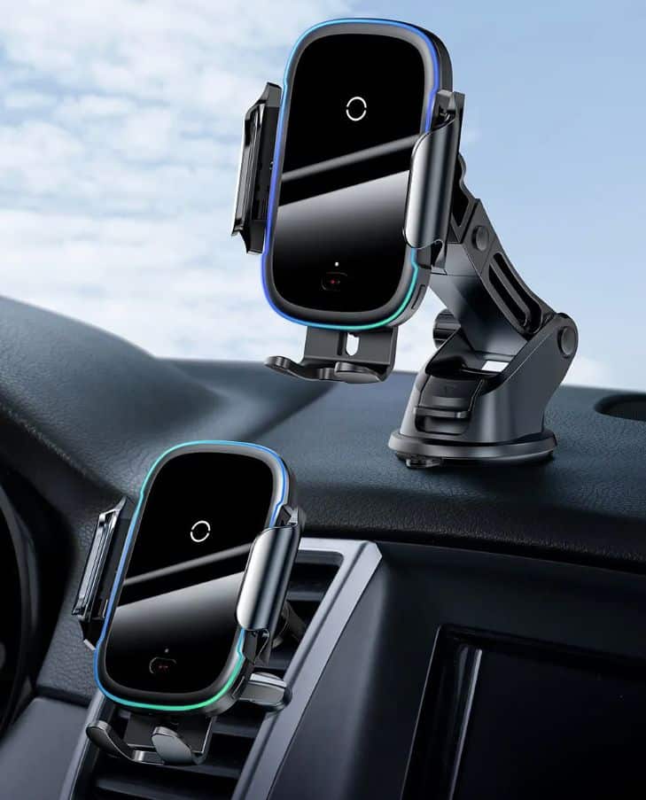 Dual wireless car charger mounts on a dashboard, sleek and modern design for easy phone access while driving.