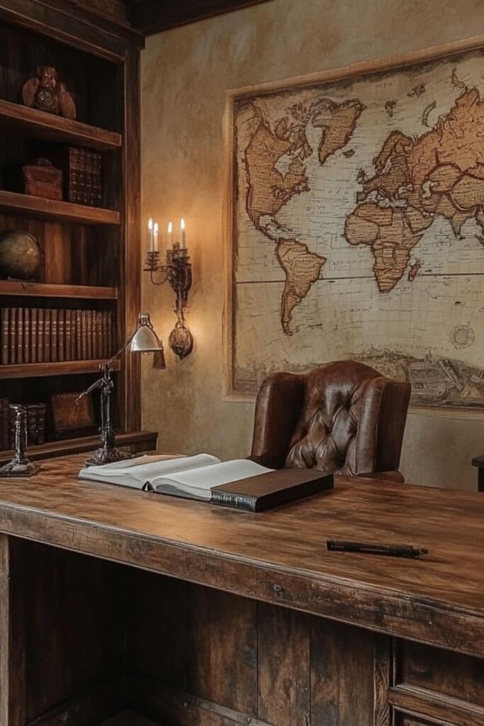 Vintage study with wooden desk, leather chair, open book, antique map, globe, and candelabra, exuding an old-world charm and elegance.