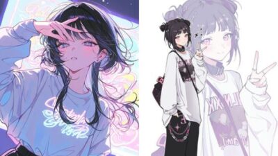 Anime characters with trendy outfits and expressive poses, featuring neon lights and a peace sign gesture. Vibrant and stylish artwork.