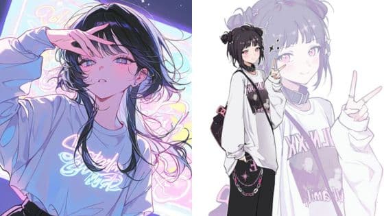 Casual Anime Clothing Design Style Favorite Characters Anime characters with trendy outfits and expressive poses, featuring neon lights and a peace sign gesture. Vibrant and stylish artwork. | Sky Rye Design Anime characters with trendy outfits and expressive poses, featuring neon lights and a peace sign gesture. Vibrant and stylish artwork.