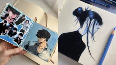 Sketchbook display featuring anime character drawings and a portrait in blue and black tones with pencil accents.