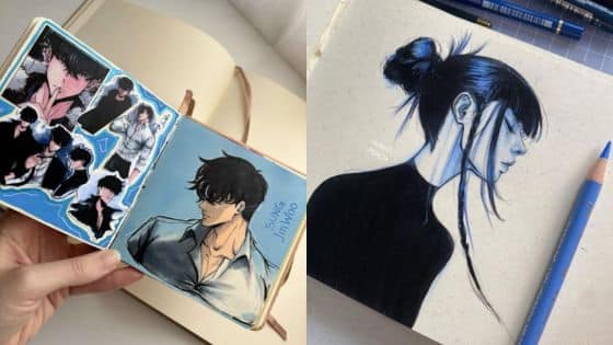 Casual Guide to Webtoon Anime Style Drawing Sketchbook display featuring anime character drawings and a portrait in blue and black tones with pencil accents. | Sky Rye Design Sketchbook display featuring anime character drawings and a portrait in blue and black tones with pencil accents.