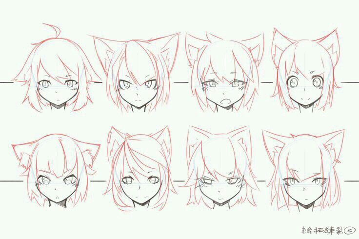 Anime character design sketches featuring cat ears and various expressions, showcasing different angles and emotions in a grid format.