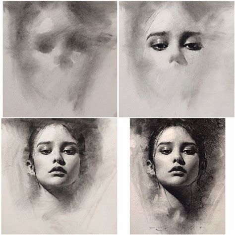 Artistic progression of a woman's face from abstract to detailed portrait in a series of four sketches.