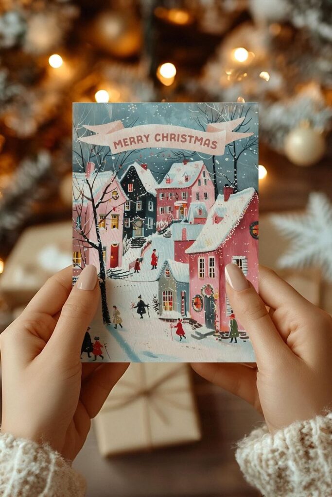 Hands holding a festive Merry Christmas card with a snowy village scene, capturing holiday warmth and seasonal cheer.